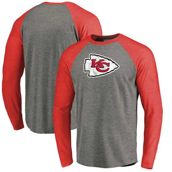 Kansas City Chiefs NFL Pro Line by Fanatics Branded Throwback Logo Big & Tall Long Sleeve Tri-Blend Raglan T-Shirt - Gray Red